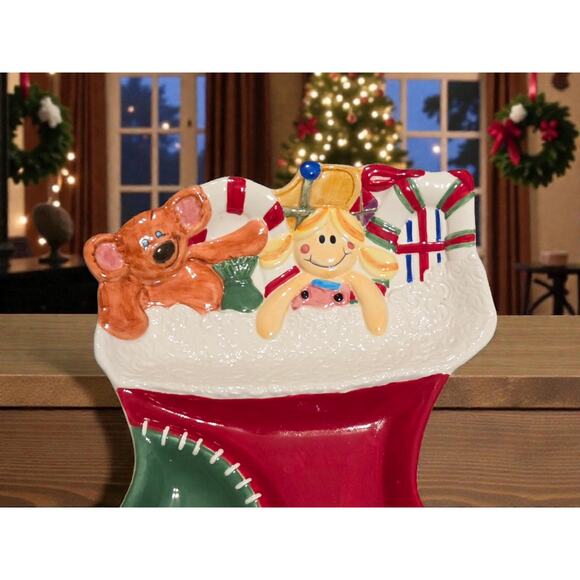 Fitz and Floyd Essentials Holiday Children's Set Stocking 3 Sectioned Server - Picture 2 of 5